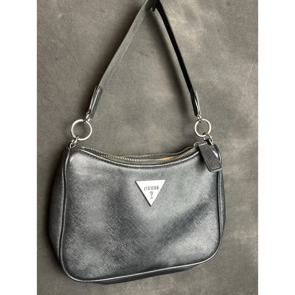 GUESS Y2K Black Saffiano Shoulder Bag Silver Triangle Logo Hobo Purse Minimalist